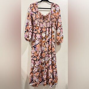 Women's Spring Summer Boho Floral Square Neck Long Sleeve Button Maxi Dress XL